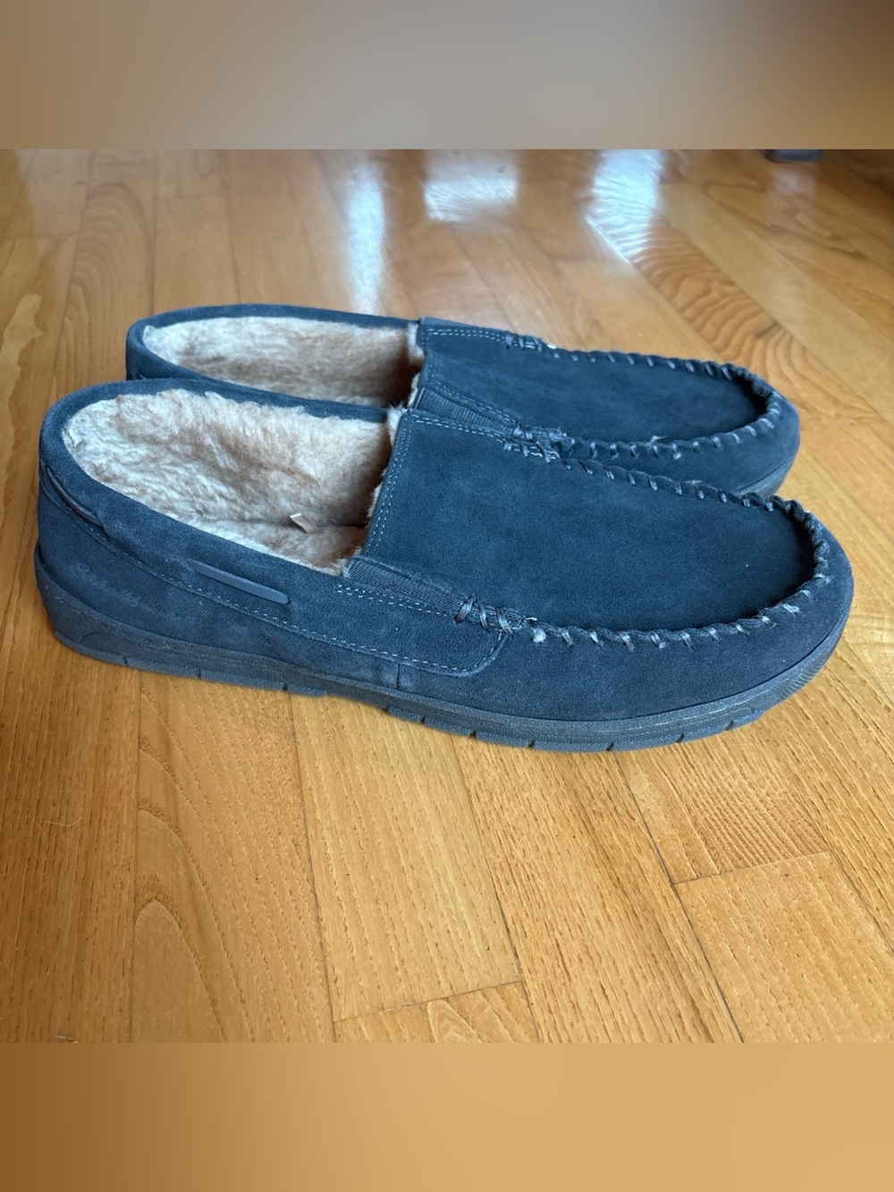 Eddie Bauer Mens Slippers Moccasins Dark Gray Suede Westhaven Faux Fur Sz XXL 13